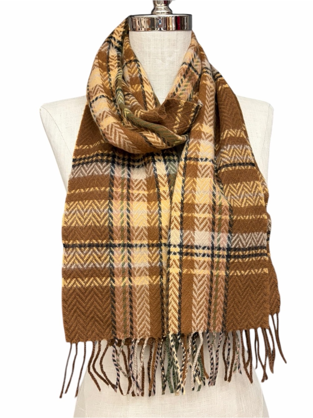 100% Cashmere Plaid Scarf Made in Scotland Brown Green Fringed Herringbone